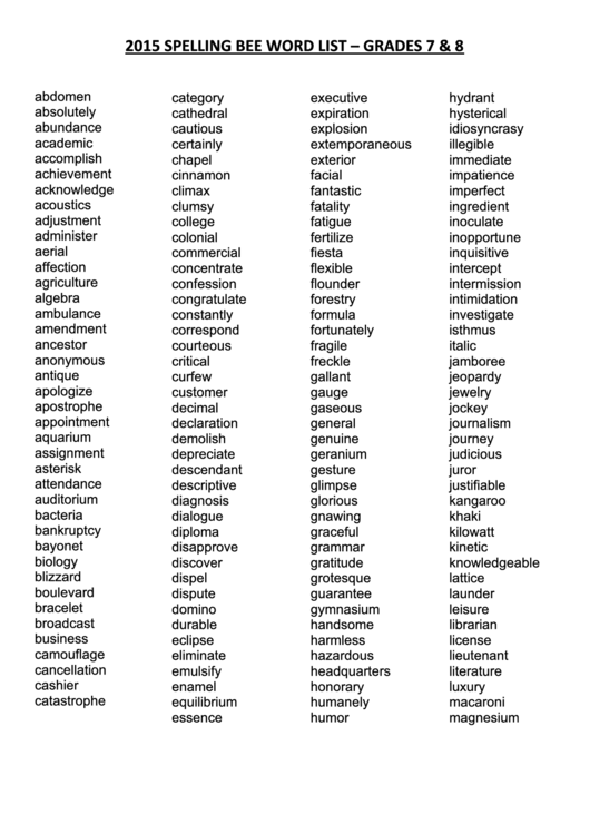 Spelling Bee Word List - Grades 7 & 8 printable pdf download