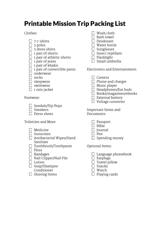 Mission Trip Packing List Template