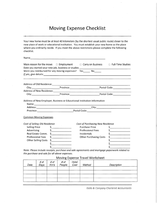 Moving Expense Checklist Printable pdf