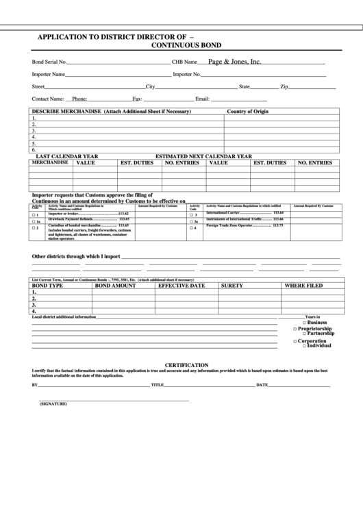 Fillable Application To District Director Of Us Customs Service To File C.f. 301 Printable pdf