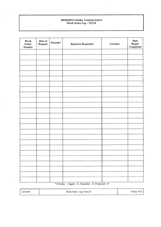 Work Order Log Printable pdf