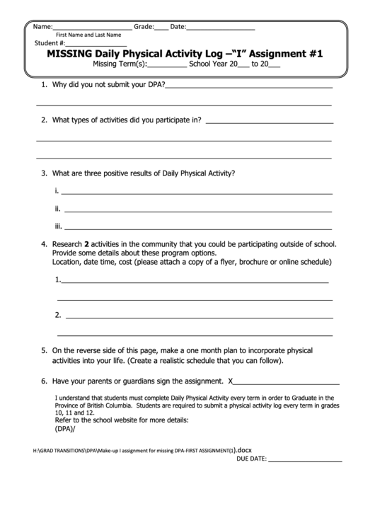 Missing Daily Physical Activity Log Assignment Printable pdf