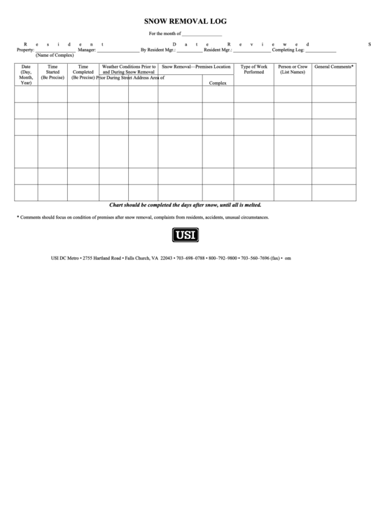 Printable Snow Removal Log Sheet Template