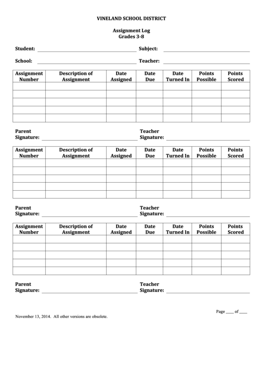 Assignment Log (Grades 3-8) Printable pdf