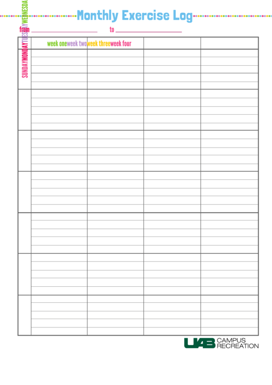 Monthly Exercise Log Printable pdf