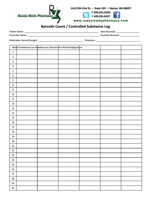 Narcotic Count / Controlled Substance Log Printable pdf