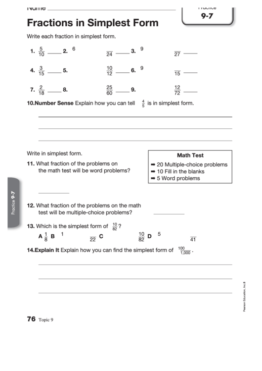 Fractions In Simplest Form Worksheet Template Printable pdf