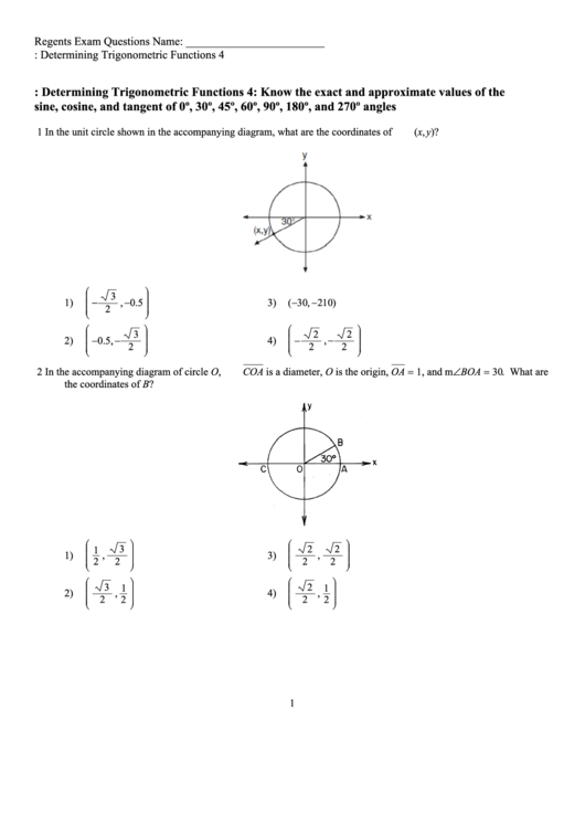 Determining Trigonometric Functions Printable pdf