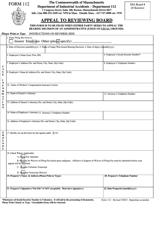 Fillable Form 112 - Appeal To Reviewing Board Printable pdf