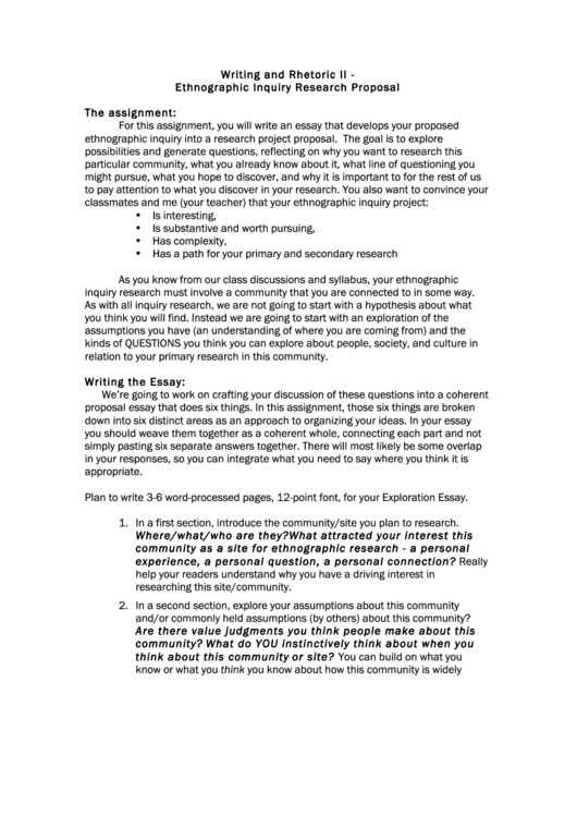 Ethnographic Inquiry Research Proposal Printable pdf