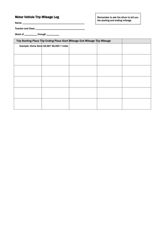 Teacher Motor Vehicle Trip Mileage Log Sheet Printable pdf