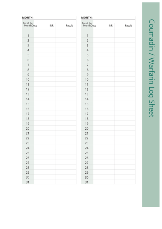 Coumadin / Warfarin Log Sheet Printable pdf