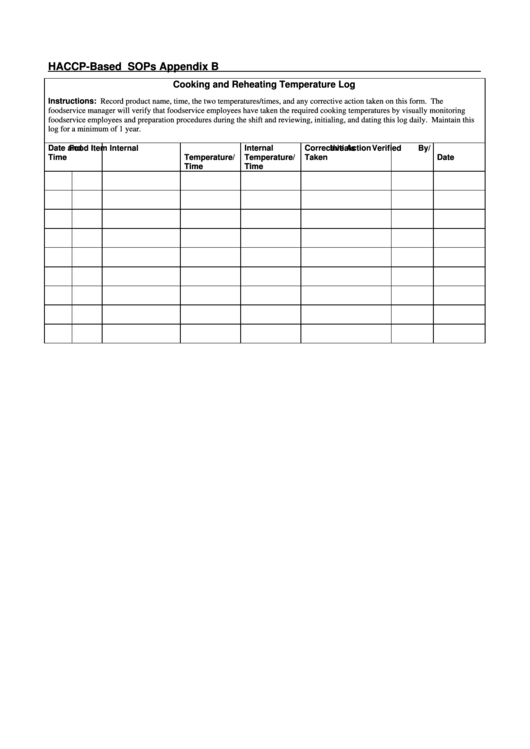 Haccp-Based Sops Cooking And Reheating Temperature Log Printable pdf