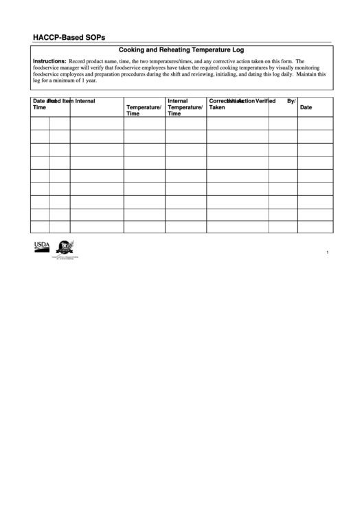 Haccp-Based Sops Cooking And Reheating Temperature Log Printable pdf