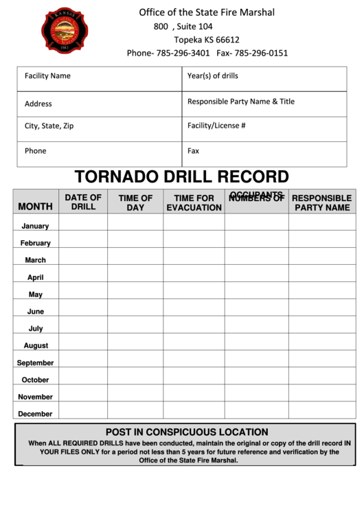 Tornado Drill Record Printable pdf