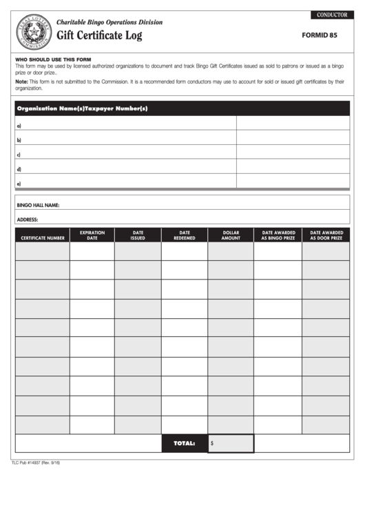 Formid 85 Gift Certificate Log printable pdf download