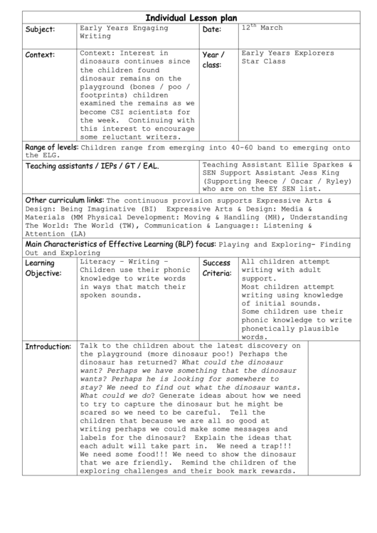 Individual Lesson Plan - Sample Printable pdf