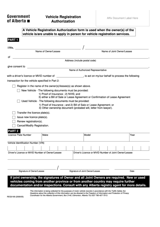 Fillable Vehicle Registration Authorization - Alberta Printable pdf