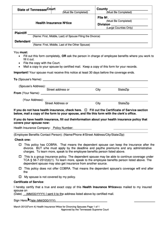 Health Insurance Notice - Tennessee Printable pdf