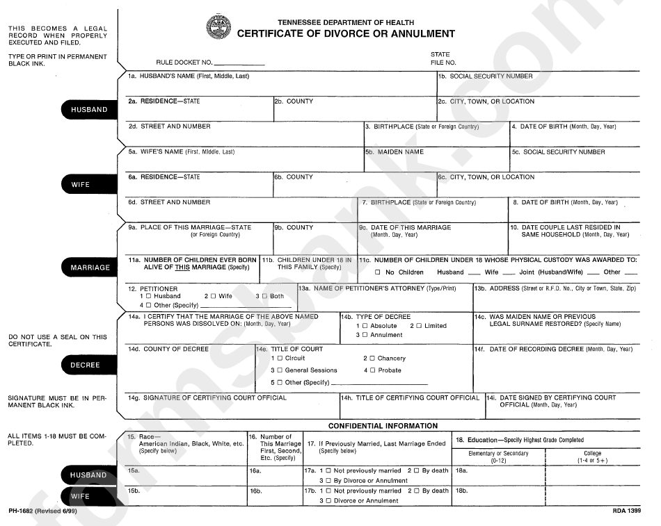 Form Ph-1682 - Certificate Of Divorce Or Annulment - Tennessee