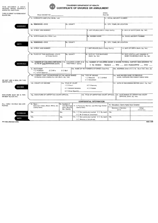 Fillable Form Ph-1682 - Certificate Of Divorce Or Annulment - Tennessee Printable pdf