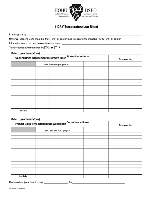 1-Day Temperature Log Sheet - Cooling Units And Freezers Printable pdf