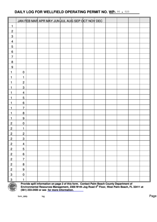 Daily Log For Wellfield Operating Permit Printable pdf