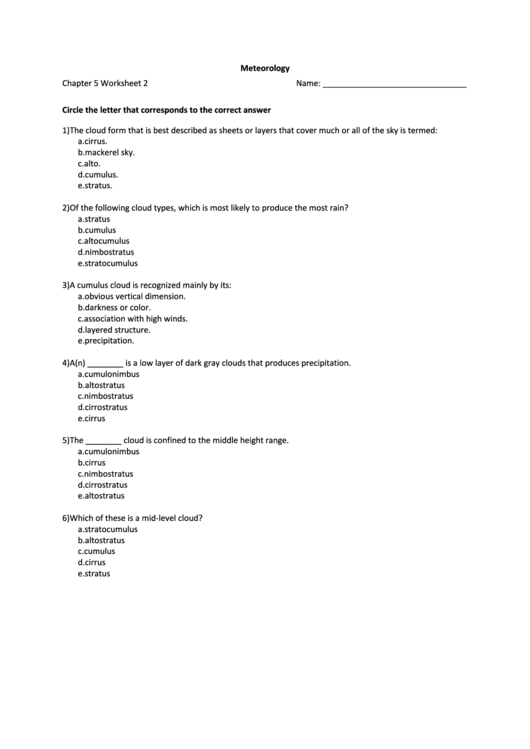 Meteorology Worksheet Template Printable pdf