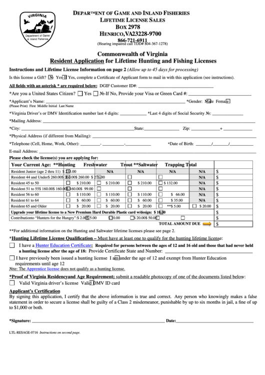 Resident Application For Lifetime Hunting And Fishing Licenses Printable pdf