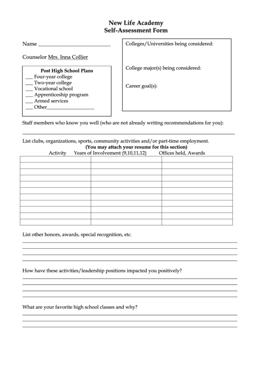 Self-Assessment Form Printable pdf