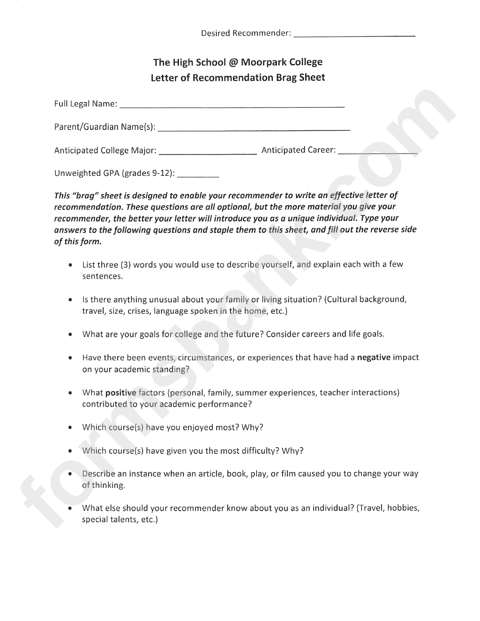 Letter Of Recommendation Brag Sheet
