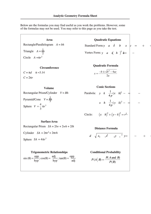Analytic Geometry Formula Sheet Printable pdf