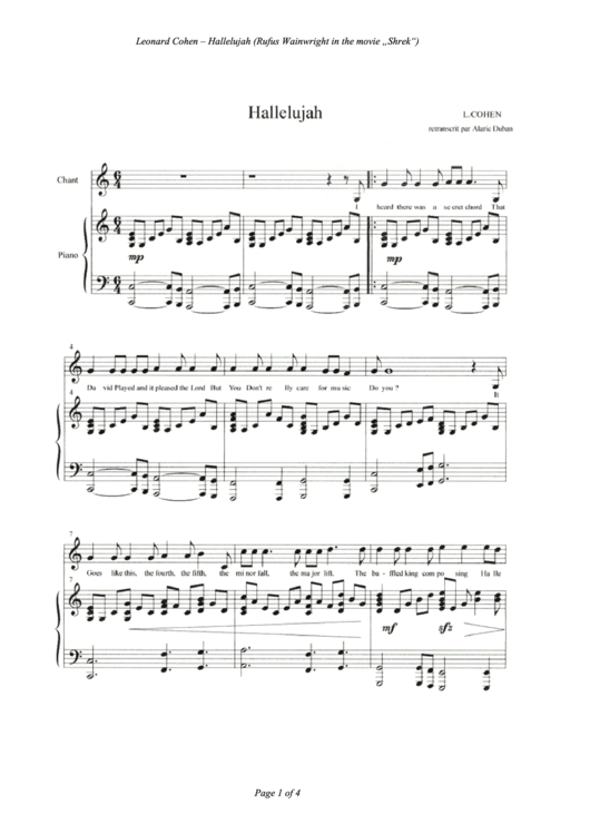 Leonard Cohen - Hallelujah Printable pdf