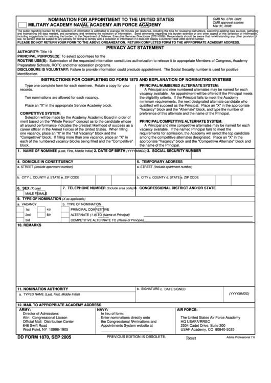 Fillable Dd Form 1870 - Nomination For Appointment To The United States Academy Printable pdf