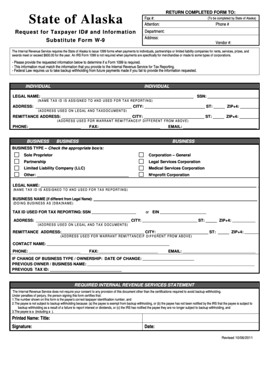 Fillable State Of Alaska Substitute Form W-9 - Request For Taxpayer Id And Information - 2011 Printable pdf