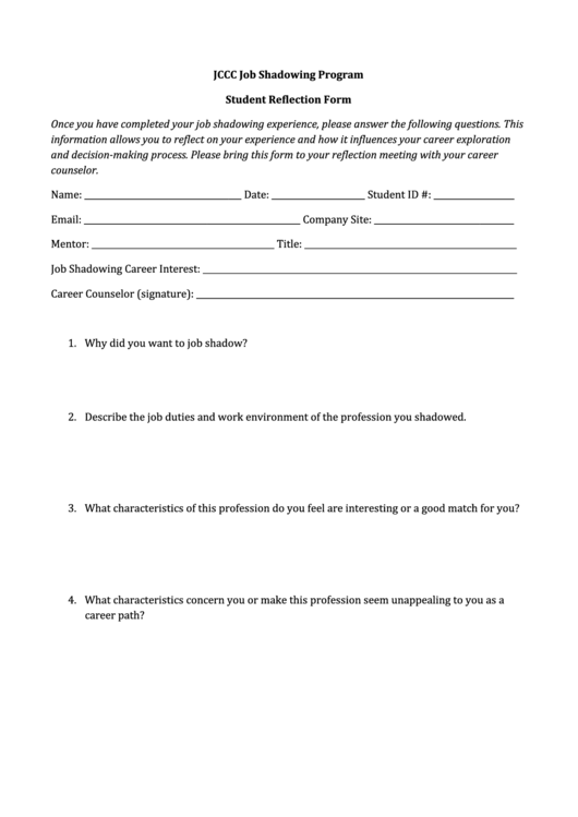 Student Reflection Form Printable pdf