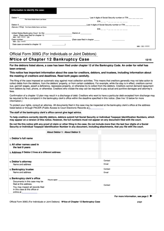 Official Form 309g - Notice Of Chapter 12 Bankruptcy Case Printable pdf