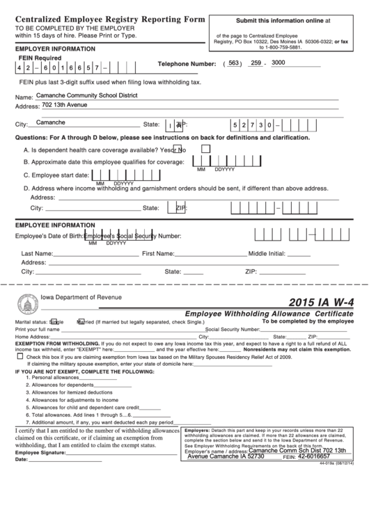 Form Ia W-4 - Employee Withholding Allowance Certificate - 2015