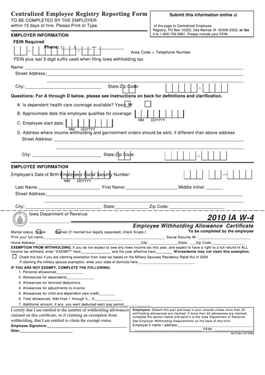 Form Ia W4 - Employee Withholding Allowance Certificate - 2010 Printable pdf