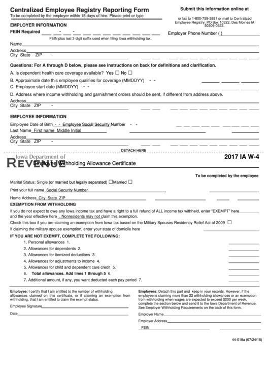 Fillable Form Ia W-4 - Centralized Employee Registry Reporting - 2017 Printable pdf