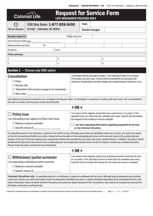 Form 73712 6 Request For Service Form Colonial Life Printable Pdf 