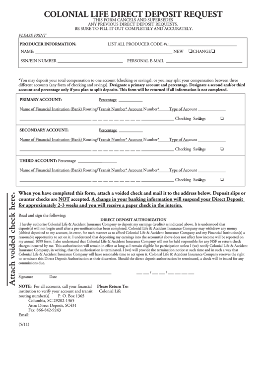 Colonial Life Direct Deposit Request Printable pdf