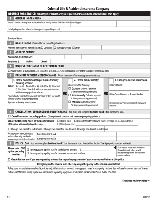 Colonial Life & Accident Insurance Company - Request For Service Printable pdf