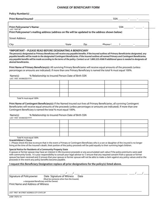 Change Of Beneficiary Form - Colonial Life Printable pdf