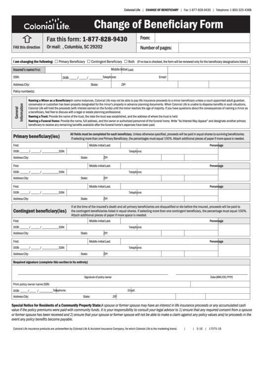 Change Of Beneficiary Form Printable pdf