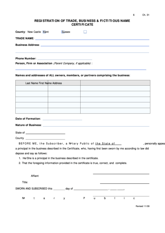 Fillable Registration Of Trade, Business & Fictitious Name Certificate Printable pdf