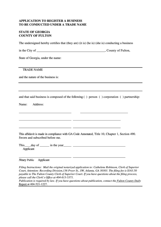 Application To Register A Business To Be Conducted Under A Trade Name - State Of Georgia Printable pdf
