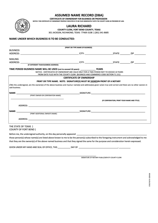 Fillable Assumed Name Record (Dba) Form Printable pdf