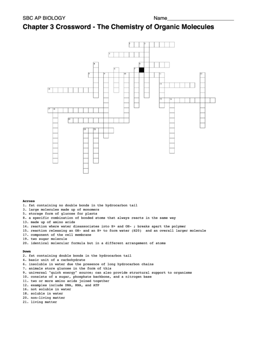 Crossword The Chemistry Of Organic Molecules printable pdf download