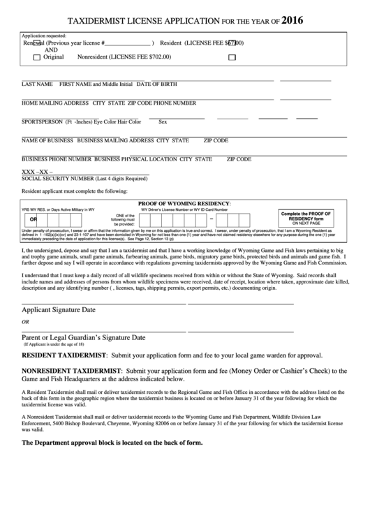 Taxidermist License Application - Wyoming Game And Fish Department Printable pdf
